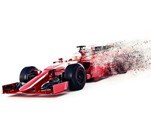 Fotobehang van een Formule 1 auto in volle snelheid, met lichtstrepen die snelheid symboliseren.