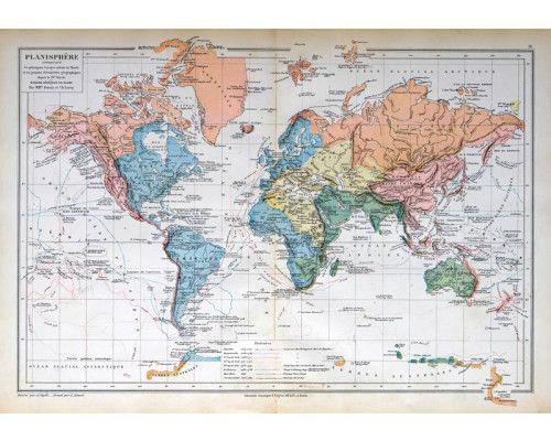 Fotobehang van een Franse vintage wereldkaart, met antieke details.