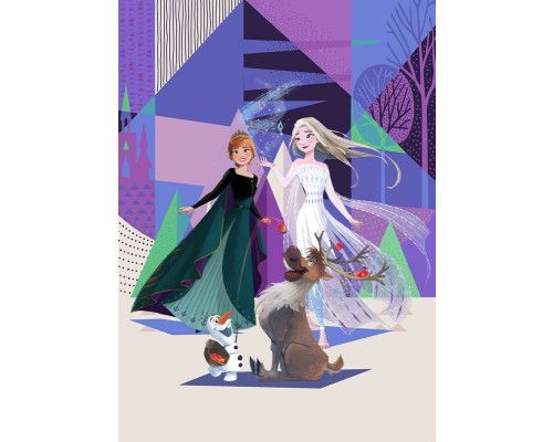 Frozen Abstract Arendelle fotobehang toont een abstracte weergave van het koninkrijk Arendelle, met ijzige bergen en magische sneeuwvlokken.