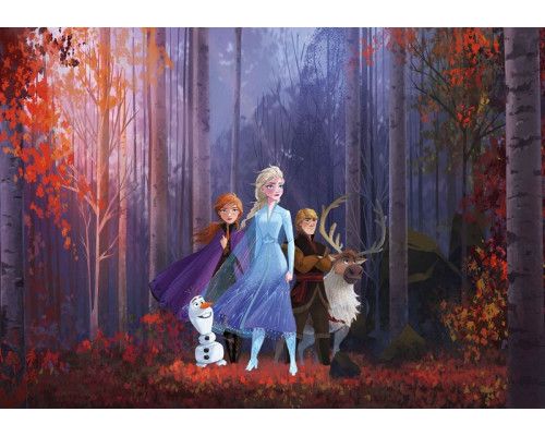 Frozen Herfstkoninkrijk fotobehang met Elsa en Anna in een herfstachtig bos, omringd door vallende bladeren en warme herfstkleuren.