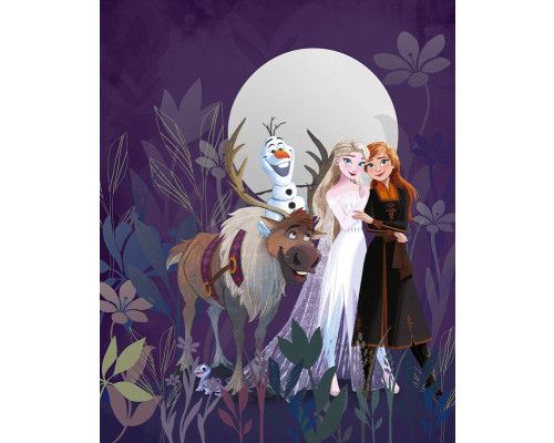 Frozen Herfstkoninkrijk fotobehang met Elsa en Anna in een herfstachtig bos, omringd door vallende bladeren en warme herfstkleuren.