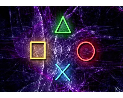 Fotobehang met neonverlichte PlayStation-symbolen op een paarse futuristische achtergrond vol digitale details.