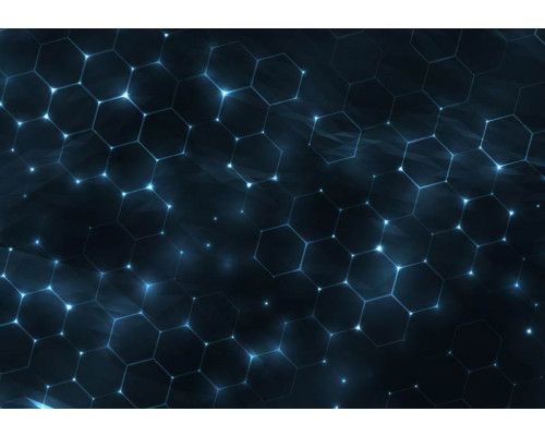 Fotobehang met futuristisch hexagonenpatroon en blauwe neonlichten.