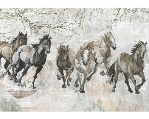 Fotobehang safari dieren avontuur met giraffe, zebra’s en savannelandschap in getekende stijl.