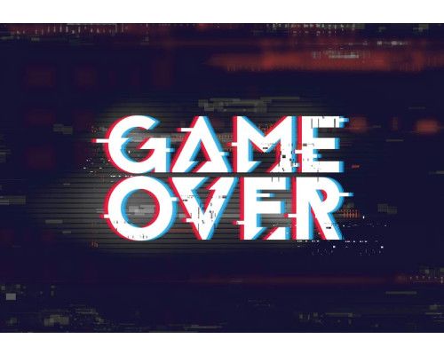 Fotobehang voor gamekamers met de tekst "Game Over" en speelse PlayStation-elementen.
