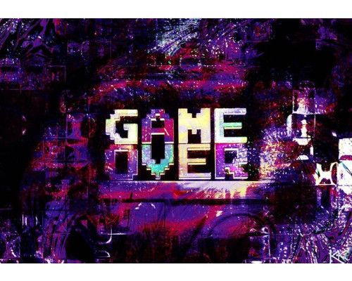Fotobehang met de tekst Game Over in pixelstijl op een paarse achtergrond.