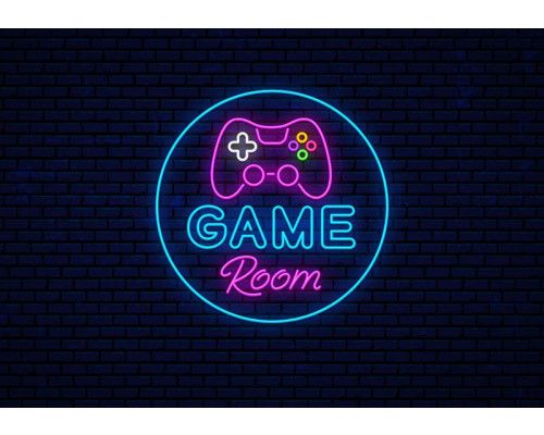 Fotobehang Game Room Neonstijl met neon gamecontroller en felgekleurde knoppen op donkere baksteenachtergrond.