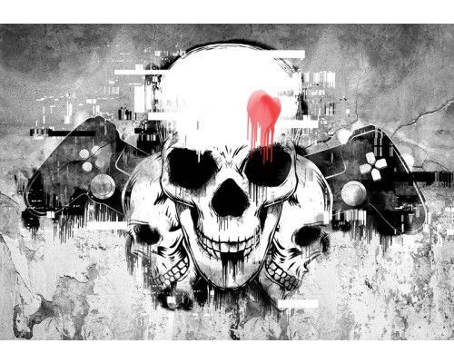 Schedels en gaming symbolen in een duister, grafisch ontwerp, ideaal voor gamers die van een edgy stijl houden.