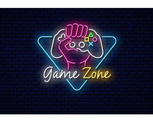 Fotobehang Game Zone Neon Design met neon gamecontroller in vuist en felgekleurde neonletters op donkere baksteenachtergrond.