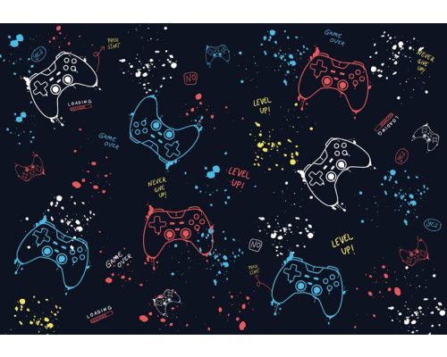 Fotobehang van verschillende gamecontrollers, ontworpen voor een gamingkamer of een speelse ruimte.