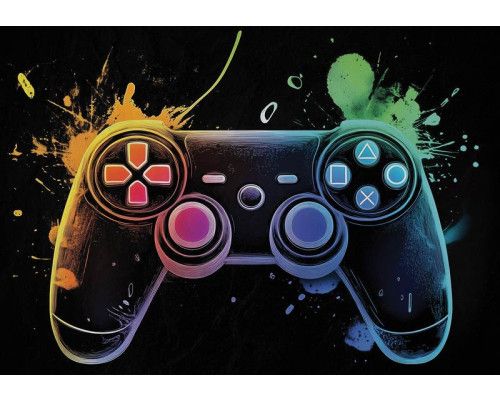 Fotobehang met een gamecontroller in neonstijl met felgekleurde lichteffecten op een donkere achtergrond.