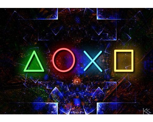 Fotobehang met neonverlichte PlayStation-symbolen op een futuristische zwarte en blauwe achtergrond.