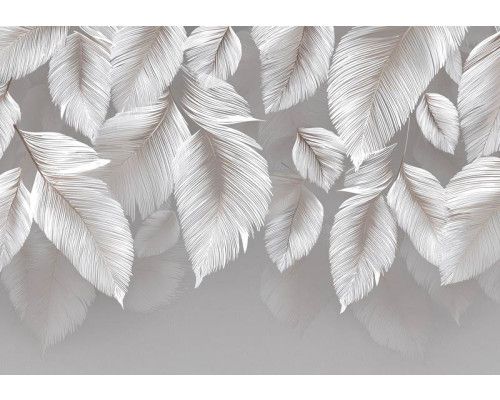 Fotobehang met tropische bladeren in groene tinten tegen een lichte achtergrond.