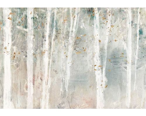 Geschilderde bomen in een bos, afgebeeld op een kunstzinnig fotobehang dat de natuur tot leven brengt.