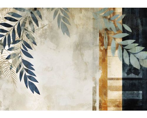 Geschilderde bladeren op een betonnen achtergrond, met een kunstzinnige uitstraling op dit fotobehang.