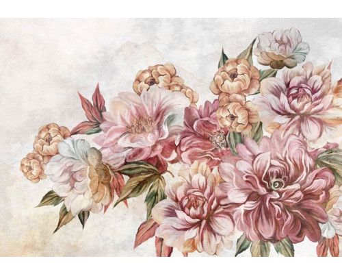 Fotobehang van geschilderde oud-roze bloemen, met een vintage uitstraling.