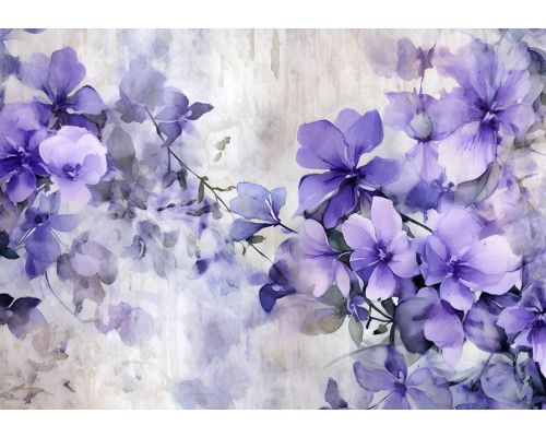 Geschilderde paarse bloemen komen tot leven op dit kleurrijke fotobehang, perfect voor een artistieke sfeer.