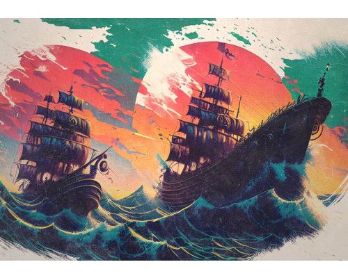 Fotobehang van geschilderde piratenschepen, met een kunstzinnige weergave van een boot.