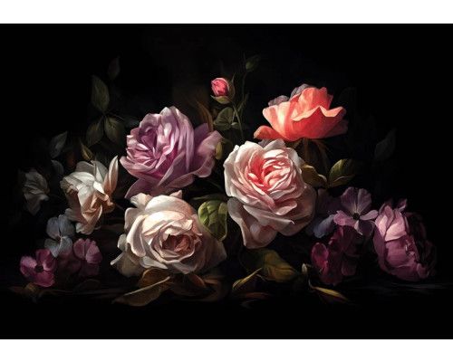Geschilderde rozen in volle bloei, elegant vastgelegd op een gedetailleerd fotobehang.