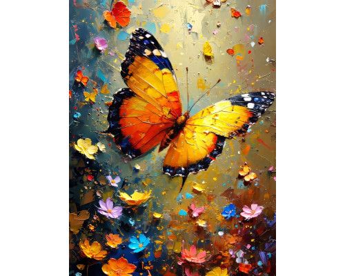 Fotobehang van een geschilderde vlinder in een kleurrijke bloemenomgeving.