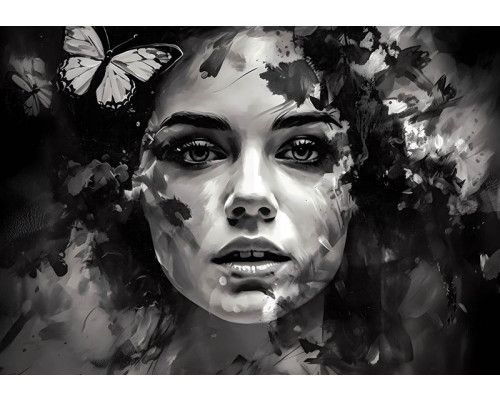 Geschilderde vrouw en vlinder, afgebeeld in een gedetailleerd kunstportret op fotobehang.