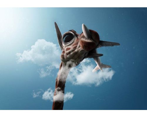 Fotobehang van een giraffe, luchtvervuiling, en een vliegtuig in de wolken, surrealistisch beeld.
