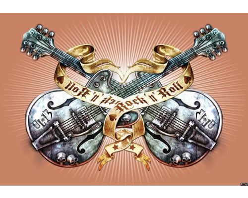 Fotobehang van oranje gitaren in een heavy metal stijl, perfect voor muziekliefhebbers en rockfans.