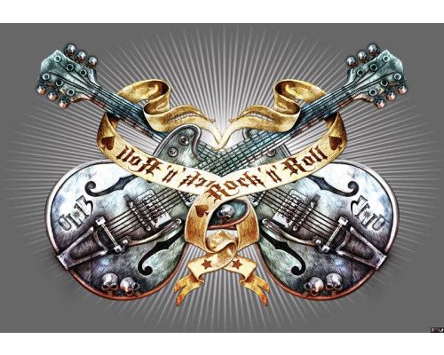 Zilveren gitaren, rock en roll stijl, heavy metal fotobehang voor een stoere en muzikale sfeer.