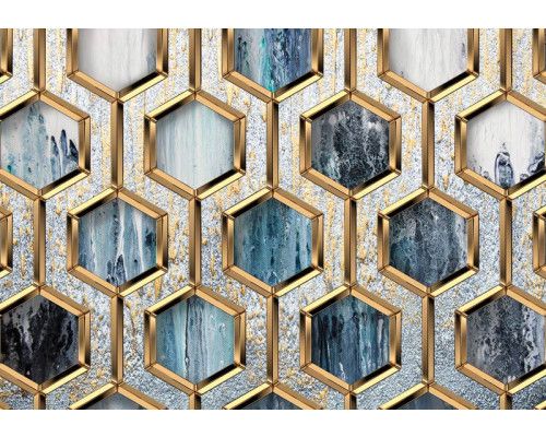 Glamour fotobehang met gouden hexagon patroon, zeshoekige geometrische vormen in een luxueus goud design.