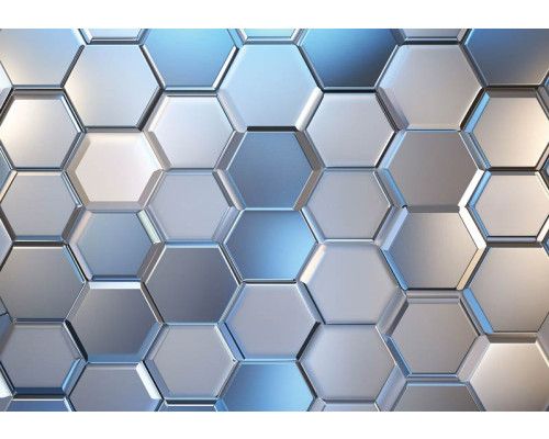 Fotobehang glanzende hexagons in blauw en zilver met 3D-effect en metallic uitstraling.