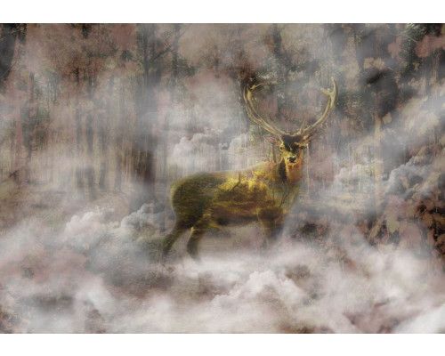 Fotobehang met een gouden hert in een mistig herfstbos, ideaal voor een rustgevende sfeer.