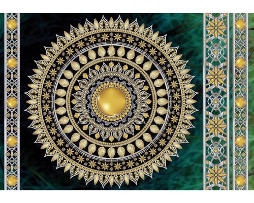 Smaragdgroene en gouden mandala, fotobehang dat een luxueuze en artistieke uitstraling geeft.
