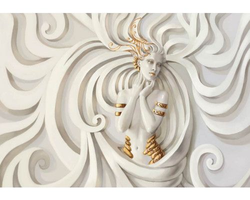 Fotobehang met gouden vrouw en kunstzinnig reliëf, ideaal voor een luxe en artistieke sfeer in elke kamer.