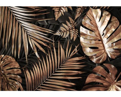 Een luxe fotobehang met gouden bladeren op een zwarte achtergrond.