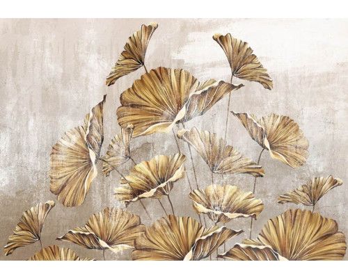 Gouden bloemen op een betonnen muur, kunstzinnig afgebeeld in een combinatie van planten en bloemen op dit fotobehang.