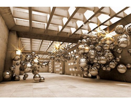 Fotobehang met gouden gebouw in 3D, sprankelende stalen kogels en abstracte vormen.