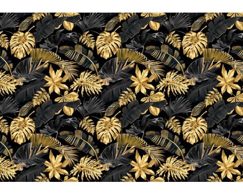 Gouden jungle bladeren sieren dit botanische fotobehang, met een weelderige en tropische uitstraling.