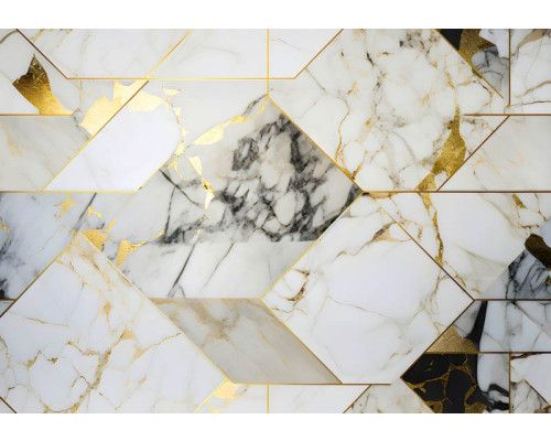 Gouden marmerpatronen in geometrische vormen, sfeervol weergegeven op een abstract fotobehang.