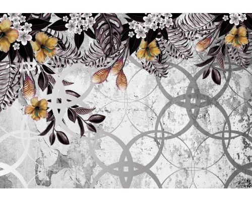 Fotobehang van gouden planten op betonmuur, sierlijk bloemenontwerp.