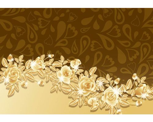 Fotobehang met gouden rozen en bloemen, met abstracte kunstinvloeden.