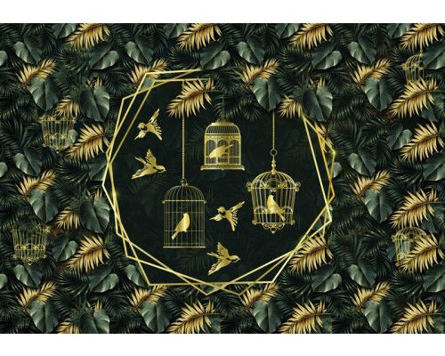 Fotobehang van gouden vogels in de jungle, omringd door bladeren en vogelkooien.