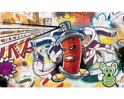 Fotobehang met graffiti en een abstract kunstwerk van een spuitbus.