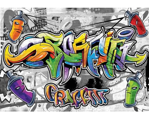 Fotobehang van een graffiti tekening op een muur, artistiek en stoer.