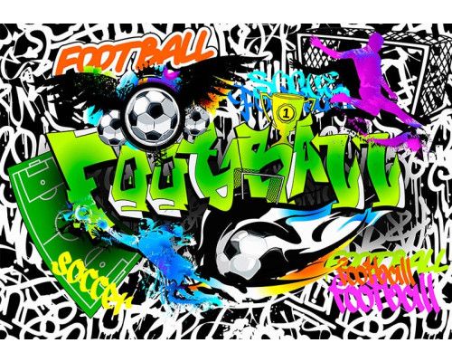 Graffiti-stijl muurschildering met een kleurrijke voetbal, voor een sportieve en artistieke uitstraling.