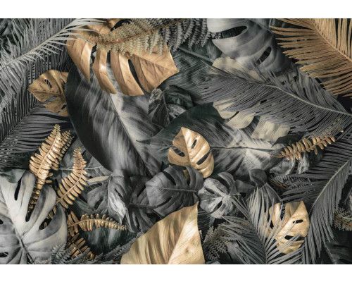 Fotobehang met grijze, zilveren en gouden bladeren in een jungle botanisch ontwerp.