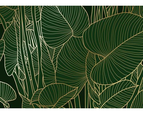 Een fotobehang met groene bladeren en gouden details, waarbij diepe groentinten worden gecombineerd met subtiele goudaccenten voor een luxe uitstraling.
