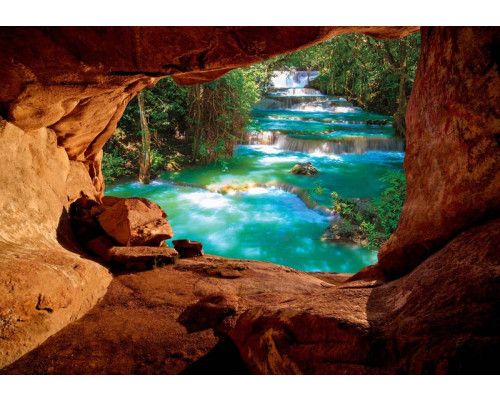 Grot met uitzicht op watervallen in de jungle, 3D-fotobehang voor een avontuurlijke en exotische uitstraling.