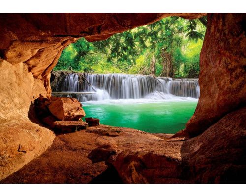 Grot met waterval, fotobehang met een realistisch 3D-effect van de natuur voor een serene ruimte.