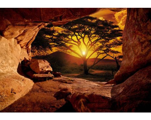 Grot met zonsondergang, fotobehang met een prachtig uitzicht op de horizon voor een serene en warme sfeer.