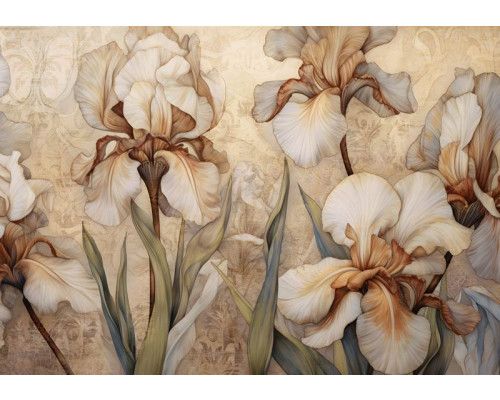 Grote beige irisbloemen schitteren op dit fotobehang, waarbij de natuurlijke schoonheid van de bloemen centraal staat.